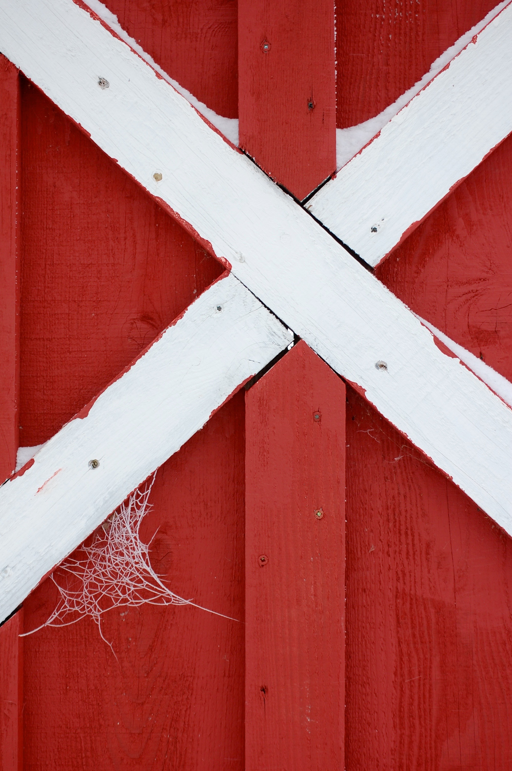 Snowflakes against red barn